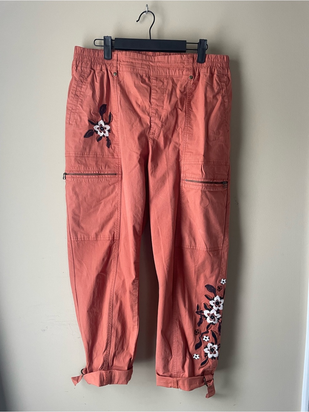 Embroidered Coral Cargo Pants for Women